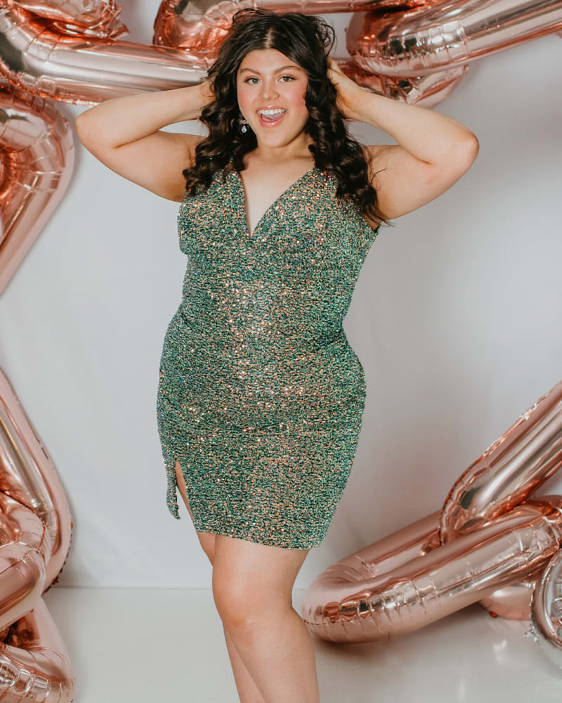 Front of a model wearing a size 26 Catch the Light Party Dress in Green Surge by Celebrations by Sydney's Closet. | dia_product_style_image_id:250592